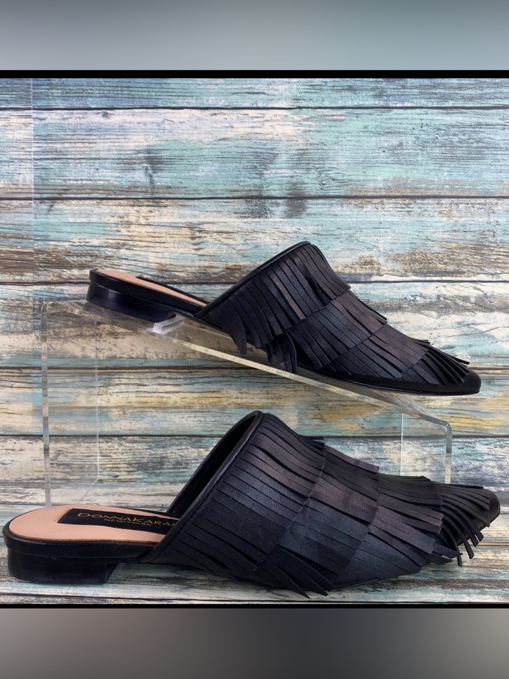 Donna Karan Fringe Mules Womens 6M Black All Leather Flats Pointed Toe Shoes